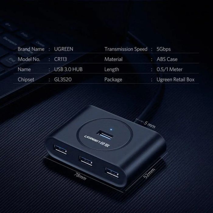 USB-хаб UGREEN USB 3.0 Hub  0.5m (Black) (UGR-20290)