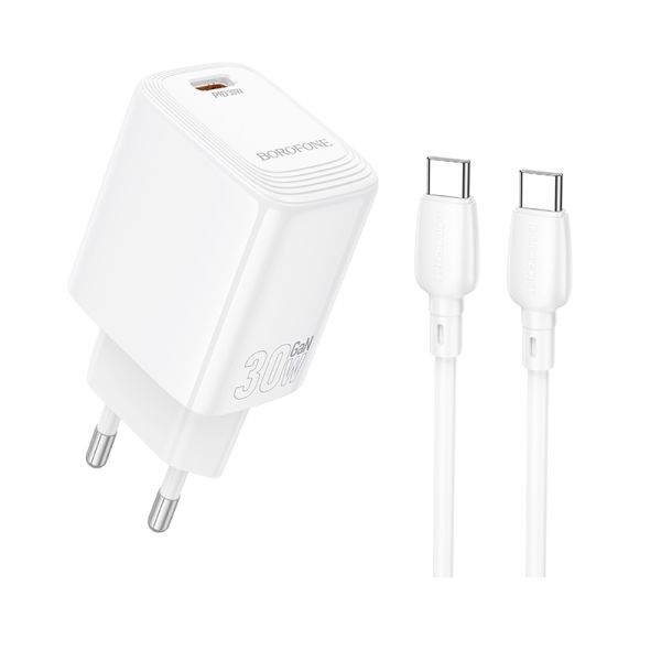 Мережевий зарядний пристрій з кабелем BOROFONE BN28 Fuente single port PD30W charger set (C to C) (EU) White (6941991120312)
