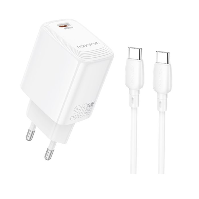Мережевий зарядний пристрій з кабелем BOROFONE BN28 Fuente single port PD30W charger set (C to C) (EU) White (6941991120312)