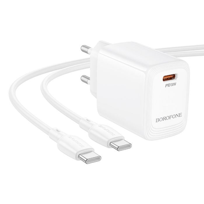 Мережевий зарядний пристрій з кабелем BOROFONE BN28 Fuente single port PD30W charger set (C to C) (EU) White (6941991120312)
