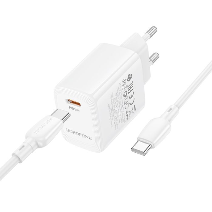 Мережевий зарядний пристрій з кабелем BOROFONE BN28 Fuente single port PD30W charger set (C to C) (EU) White (6941991120312)