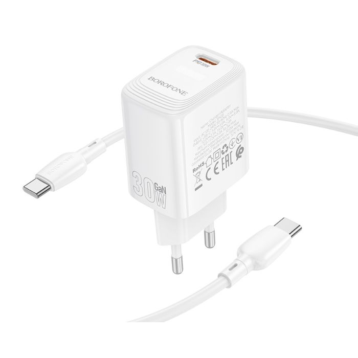 Мережевий зарядний пристрій з кабелем BOROFONE BN28 Fuente single port PD30W charger set (C to C) (EU) White (6941991120312)