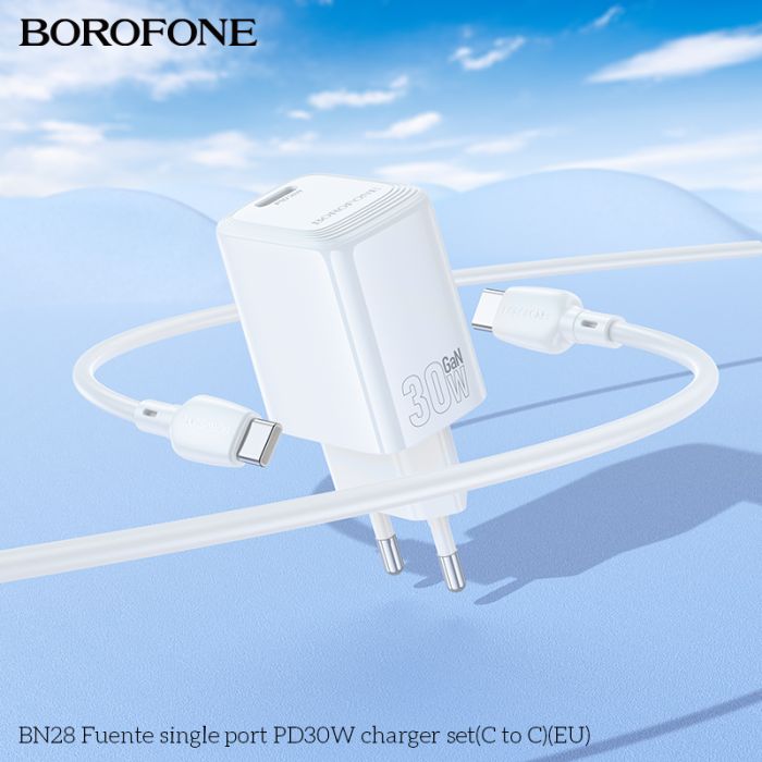 Мережевий зарядний пристрій з кабелем BOROFONE BN28 Fuente single port PD30W charger set (C to C) (EU) White (6941991120312)