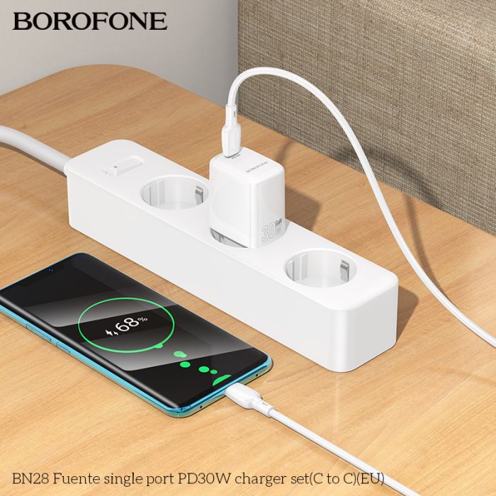 Мережевий зарядний пристрій з кабелем BOROFONE BN28 Fuente single port PD30W charger set (C to C) (EU) White (6941991120312)