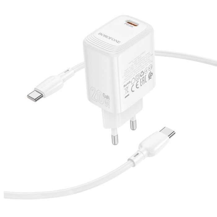 Мережевий зарядний пристрій з кабелем BOROFONE BN26 Fuente single-port PD20W charger set (C to C) (EU) White (6941991120251)
