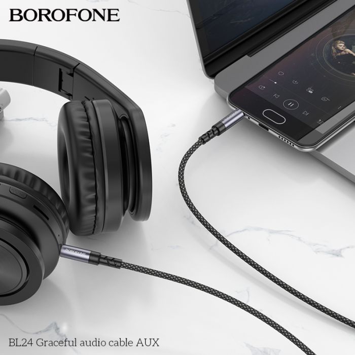 Аудіокабель BOROFONE BL24 3.5mm male to 3.5mm male, nylon braid, 1m, Metal Grey (6941991118968)