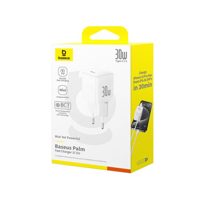 Мережевий зарядний пристрій Baseus Palm Fast Charger 1C 30W EU Moon White (P10111605213-00)