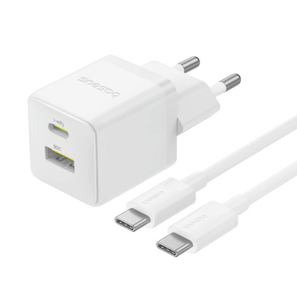 Мережевий зарядний пристрій з кабелем Baseus Palm Fast Charger C+U 30W EU Moon White (with USB-C to USB-C 60W (20V/3A) 1m Moon White) (P1011160A213-01)