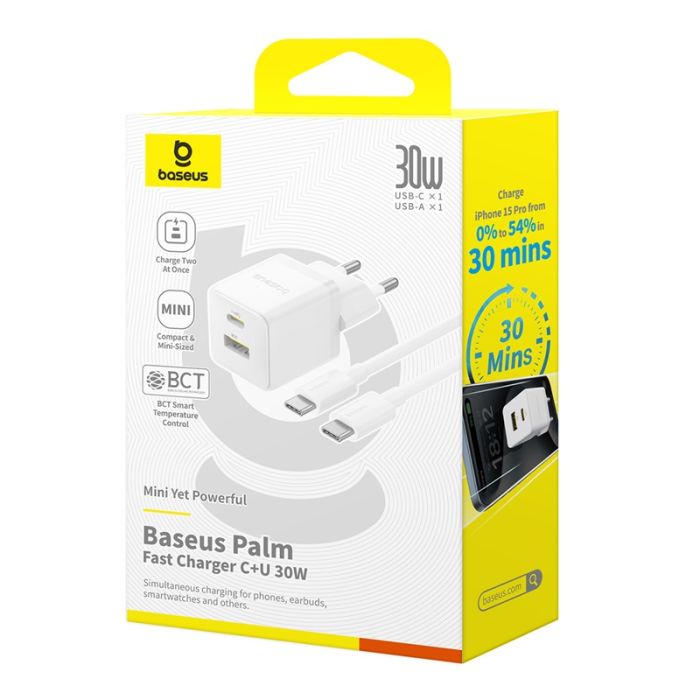 Мережевий зарядний пристрій з кабелем Baseus Palm Fast Charger C+U 30W EU Moon White (with USB-C to USB-C 60W (20V/3A) 1m Moon White) (P1011160A213-01)
