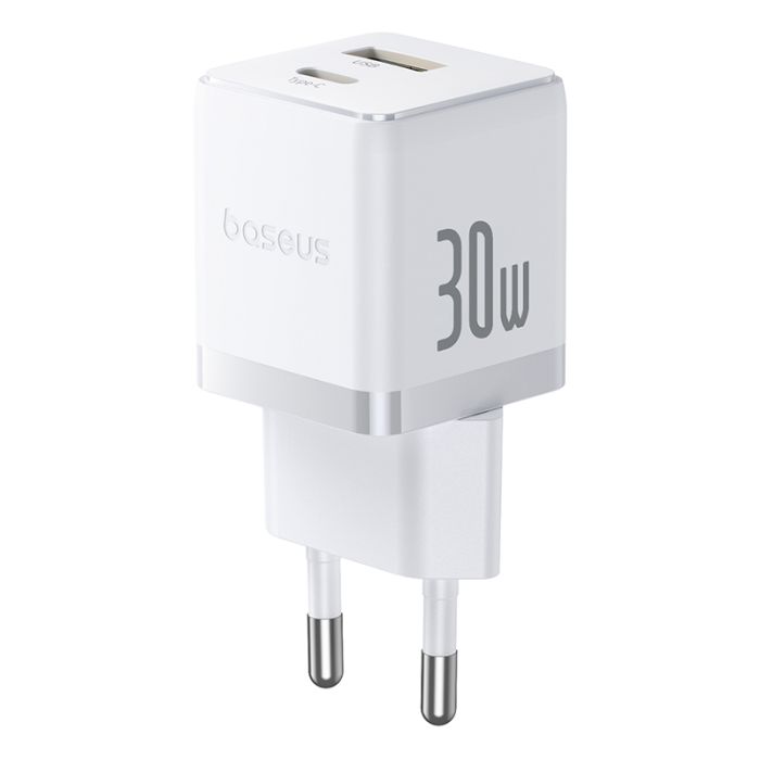 Мережевий зарядний пристрій з кабелем Baseus Palm Fast Charger C+U 30W EU Moon White (with USB-C to USB-C 60W (20V/3A) 1m Moon White) (P1011160A213-01)