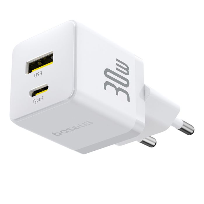 Мережевий зарядний пристрій з кабелем Baseus Palm Fast Charger C+U 30W EU Moon White (with USB-C to USB-C 60W (20V/3A) 1m Moon White) (P1011160A213-01)