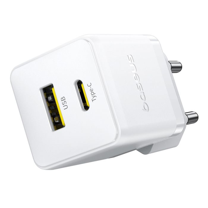 Мережевий зарядний пристрій з кабелем Baseus Palm Fast Charger C+U 30W EU Moon White (with USB-C to USB-C 60W (20V/3A) 1m Moon White) (P1011160A213-01)