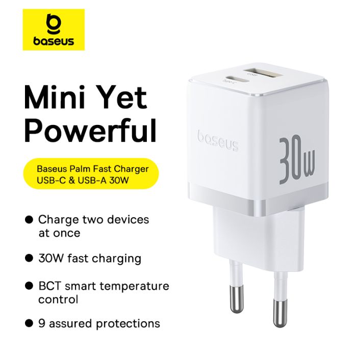 Мережевий зарядний пристрій з кабелем Baseus Palm Fast Charger C+U 30W EU Moon White (with USB-C to USB-C 60W (20V/3A) 1m Moon White) (P1011160A213-01)