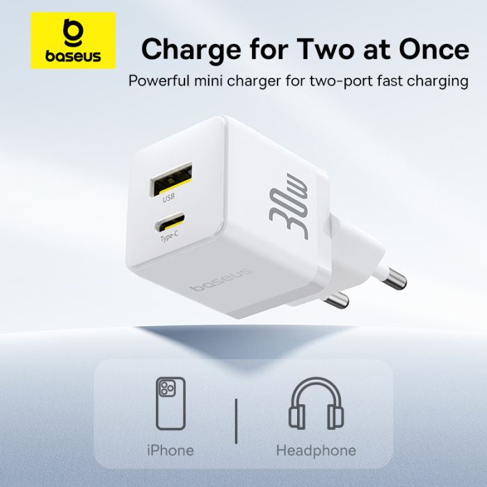 Мережевий зарядний пристрій з кабелем Baseus Palm Fast Charger C+U 30W EU Moon White (with USB-C to USB-C 60W (20V/3A) 1m Moon White) (P1011160A213-01)