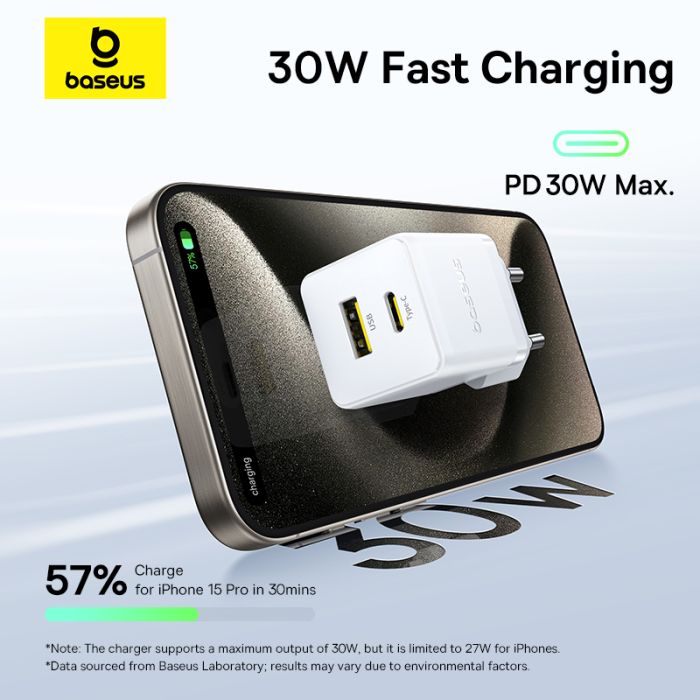 Мережевий зарядний пристрій з кабелем Baseus Palm Fast Charger C+U 30W EU Moon White (with USB-C to USB-C 60W (20V/3A) 1m Moon White) (P1011160A213-01)