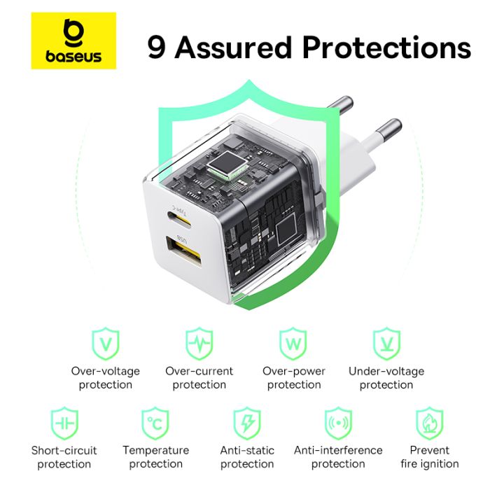 Мережевий зарядний пристрій з кабелем Baseus Palm Fast Charger C+U 30W EU Moon White (with USB-C to USB-C 60W (20V/3A) 1m Moon White) (P1011160A213-01)