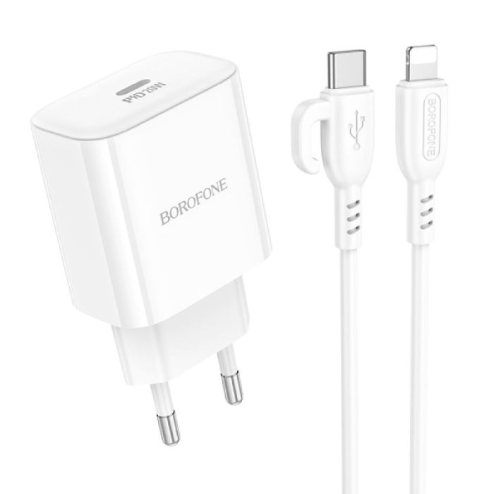Мережевий зарядний пристрій з кабелем BOROFONE BA81A single port PD20W charger set (C to iP) (EU) White (6941991108198)
