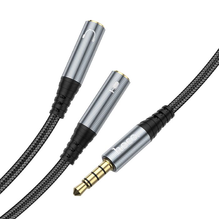 Аудіокабель HOCO UPA21 3.5mm male to 2*3.5mm female, nylon braid, 0.25m, Metal Gray (6931474766809)