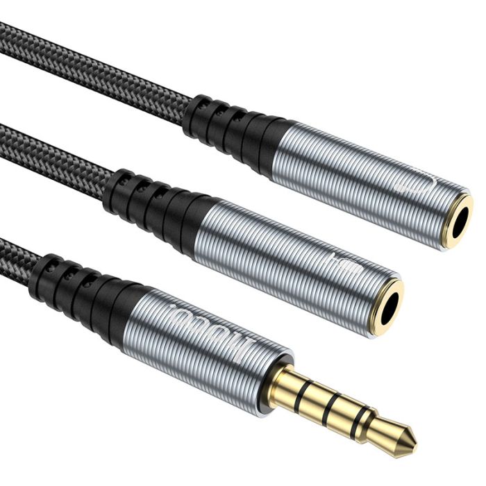 Аудіокабель HOCO UPA21 3.5mm male to 2*3.5mm female, nylon braid, 0.25m, Metal Gray (6931474766809)