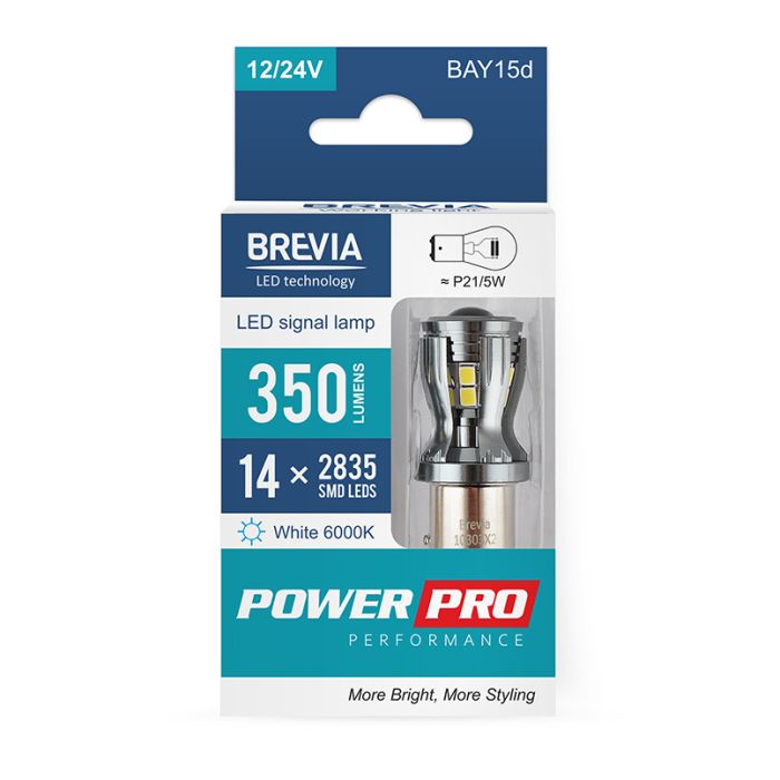 Brevia PowerPro P21/5W 350Lm 14x2835SMD 12/24V CANbus, 2шт (10303X2)