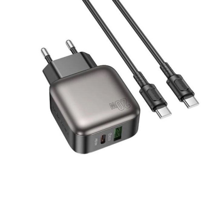 Мережевий зарядний пристрій з кабелем BOROFONE BAS54A Absolute PD20W+QC3.0 charger set (C to C) (EU) Black (6941991116223)