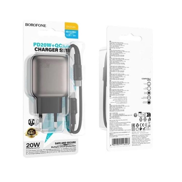 Мережевий зарядний пристрій з кабелем BOROFONE BAS54A Absolute PD20W+QC3.0 charger set (C to C) (EU) Black (6941991116223)