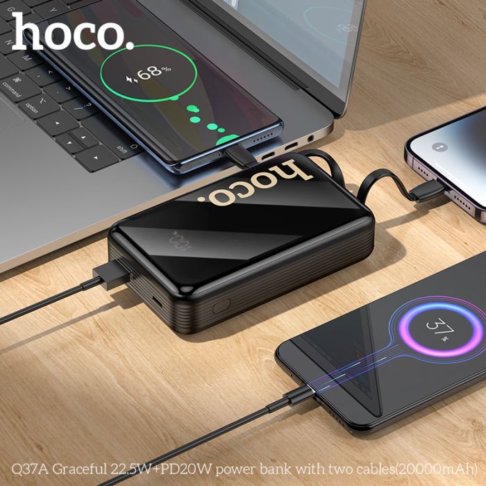 Зовнішній акумулятор HOCO Q37A Graceful 22.5W+PD20W power bank with two cables(20000mAh) Black (6942007644921)