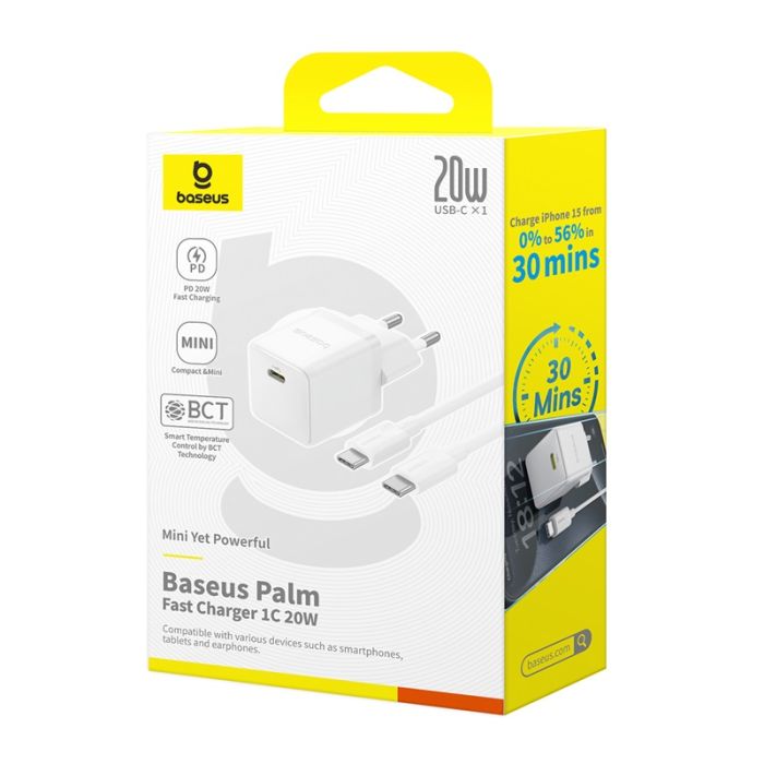 Мережевий зарядний пристрій Baseus Palm Fast Charger 1C 20W EU Moon White (with Baseus Mini White Cable USB-C to USB-C 60W (20V/3A) 1m Moon White) (P10111602213-01)