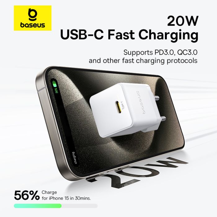Мережевий зарядний пристрій Baseus Palm Fast Charger 1C 20W EU Moon White (with Baseus Mini White Cable USB-C to USB-C 60W (20V/3A) 1m Moon White) (P10111602213-01)