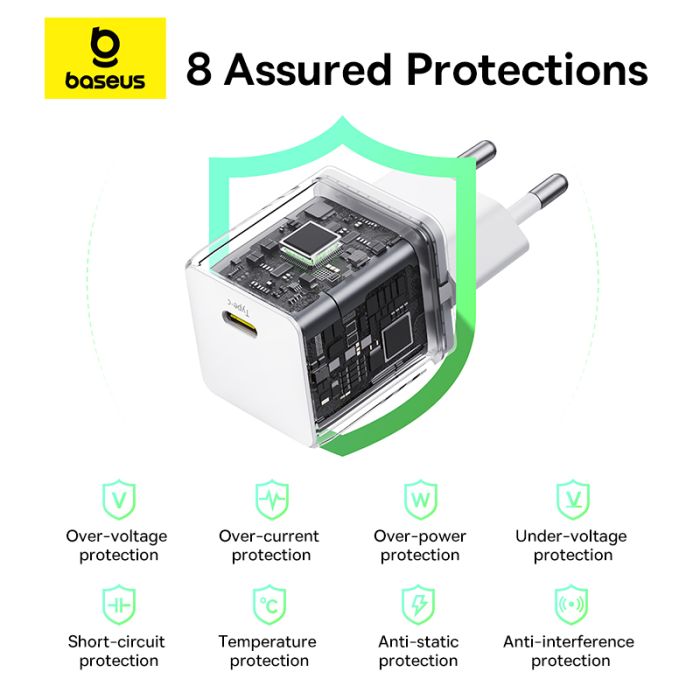 Мережевий зарядний пристрій Baseus Palm Fast Charger 1C 20W EU Moon White (with Baseus Mini White Cable USB-C to USB-C 60W (20V/3A) 1m Moon White) (P10111602213-01)