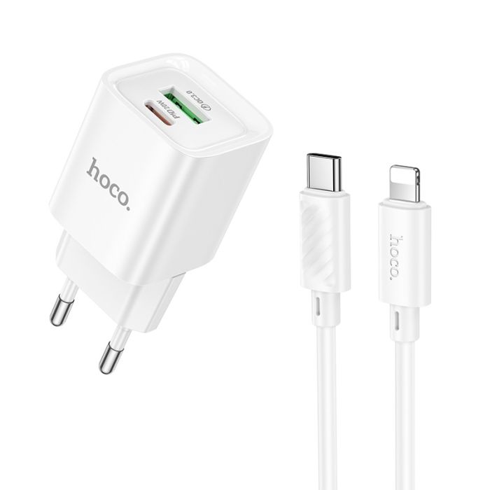 Мережевий зарядний пристрій з кабелем HOCO C147A Charm PD20W+QC3.0 charger set (C to iP)(EU) White (6942007630283)