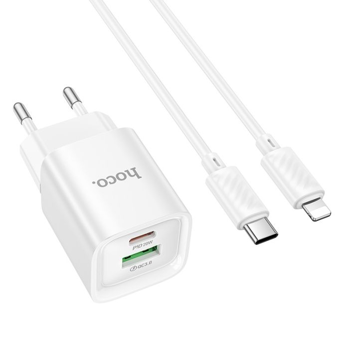 Мережевий зарядний пристрій з кабелем HOCO C147A Charm PD20W+QC3.0 charger set (C to iP)(EU) White (6942007630283)