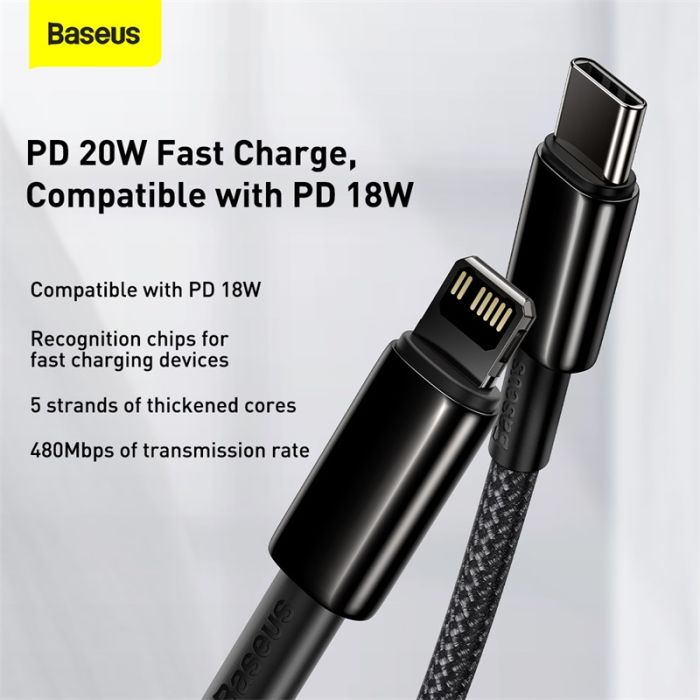 Кабель Baseus Tungsten Gold Fast Charging Data Cable Type-C to iP PD 20W 2m Black (CATLWJ-A01)