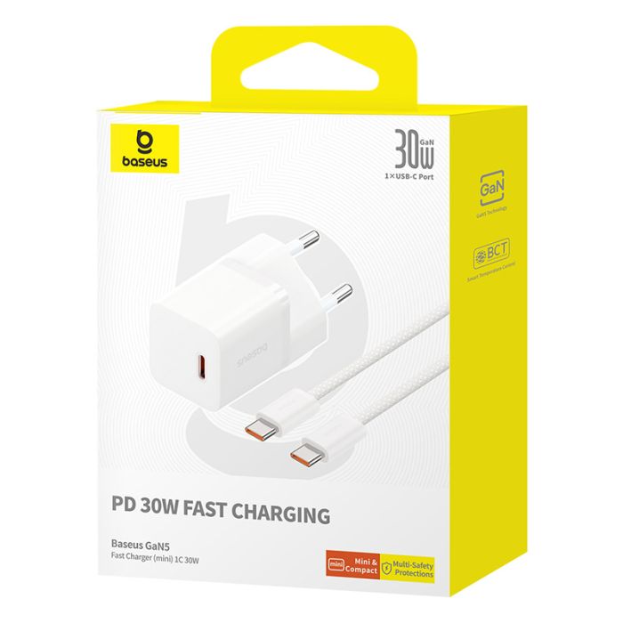 Мережевий зарядний пристрій з кабелем Baseus GaN5 Fast Charger(mini) 1C 30W EU Moon White(With: Fast Charging Data Cable Type-C) (P10110902213-00)
