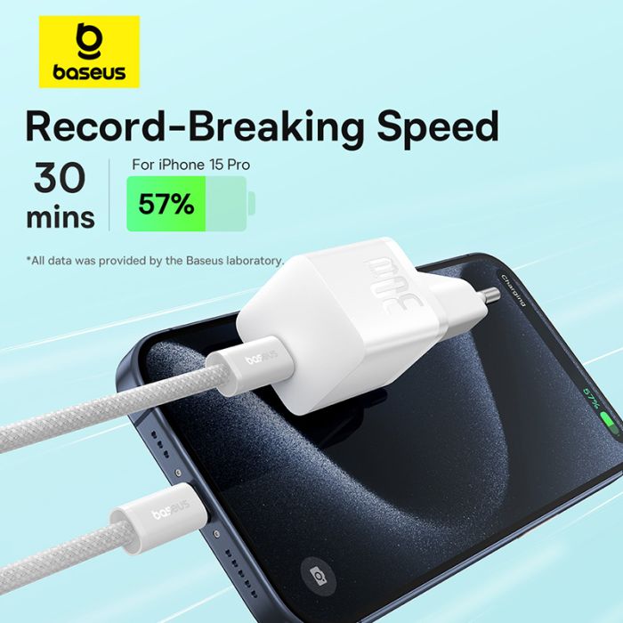 Мережевий зарядний пристрій з кабелем Baseus GaN5 Fast Charger(mini) 1C 30W EU Moon White(With: Fast Charging Data Cable Type-C) (P10110902213-00)