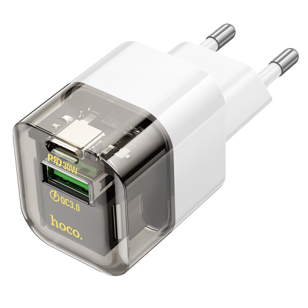 Мережевий зарядний пристрій HOCO C131A Platinum dual-port PD30W+QC3.0 charger(EU) Transparent black (6942007609821)