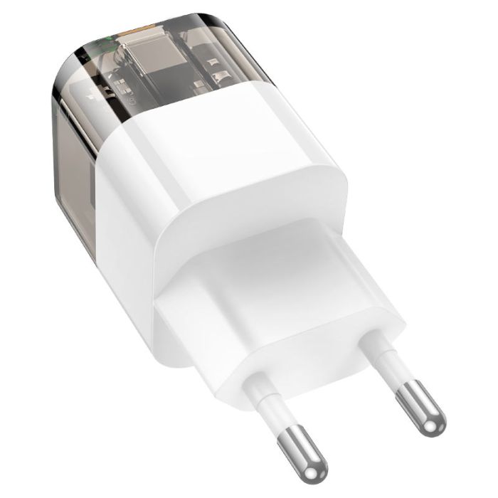 Мережевий зарядний пристрій HOCO C131A Platinum dual-port PD30W+QC3.0 charger(EU) Transparent black (6942007609821)