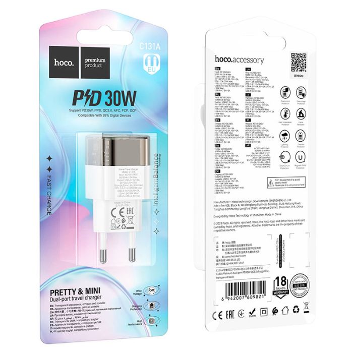Мережевий зарядний пристрій HOCO C131A Platinum dual-port PD30W+QC3.0 charger(EU) Transparent black (6942007609821)