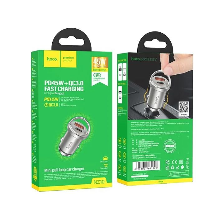 Автомобільний зарядний пристрій HOCO NZ10 Handy PD45W+QC3.0 car charger Silver (6942007601825)