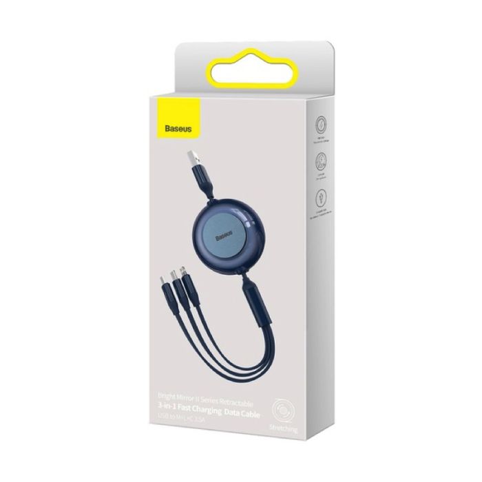 Кабель Baseus Bright Mirror 2 Series Retractable 3-in-1 Fast Charging  Data Cable USB to M+L+C 3.5A 1.1m Blue (CAMJ010003)