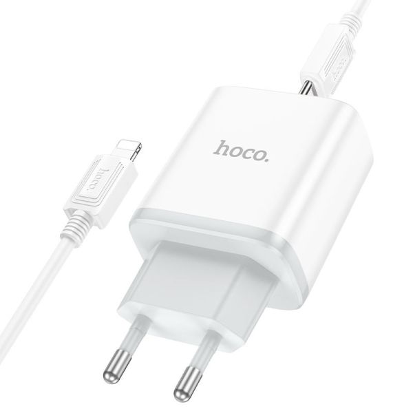 Мережевий зарядний пристрій з кабелем HOCO C105A Stage dual port PD20W+QC3.0 charger set (C to iP)(EU) White (6931474782939)