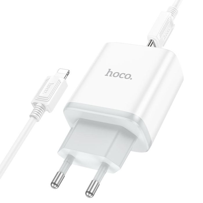 Мережевий зарядний пристрій з кабелем HOCO C105A Stage dual port PD20W+QC3.0 charger set (C to iP)(EU) White (6931474782939)
