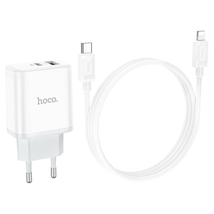 Мережевий зарядний пристрій з кабелем HOCO C105A Stage dual port PD20W+QC3.0 charger set (C to iP)(EU) White (6931474782939)