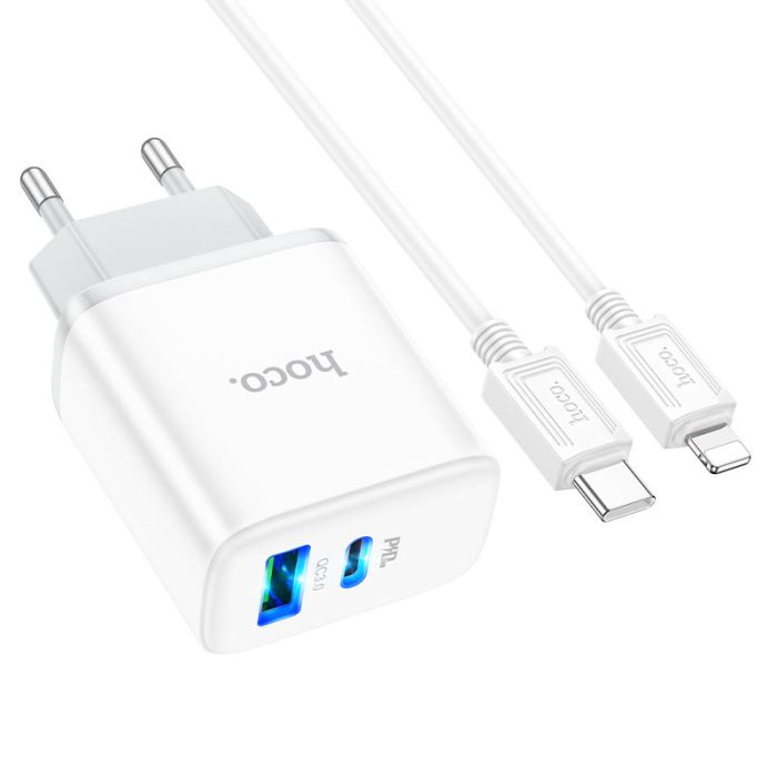 Мережевий зарядний пристрій з кабелем HOCO C105A Stage dual port PD20W+QC3.0 charger set (C to iP)(EU) White (6931474782939)