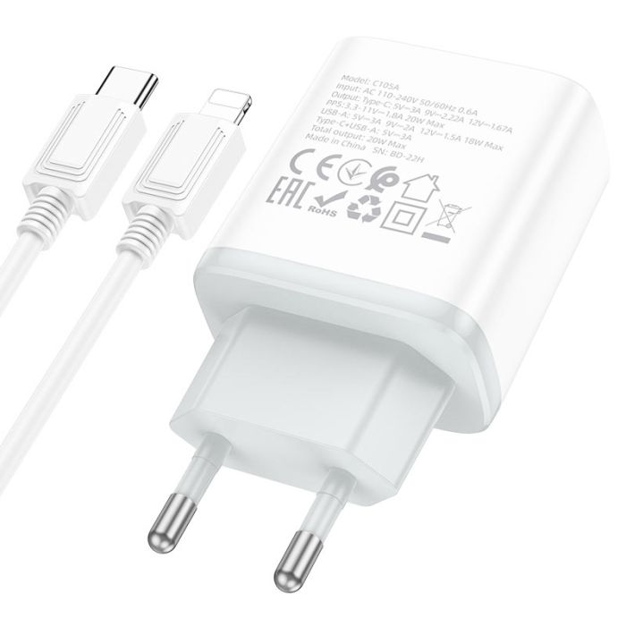 Мережевий зарядний пристрій з кабелем HOCO C105A Stage dual port PD20W+QC3.0 charger set (C to iP)(EU) White (6931474782939)