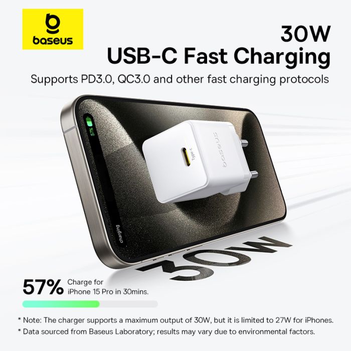 Мережевий зарядний пристрій з кабелем Baseus Palm Fast Charger 1C 30W EU Moon White(With:Baseus Mini White Cable C to C 60W(20V/3A) 1m Moon White) (P10111605213-01)