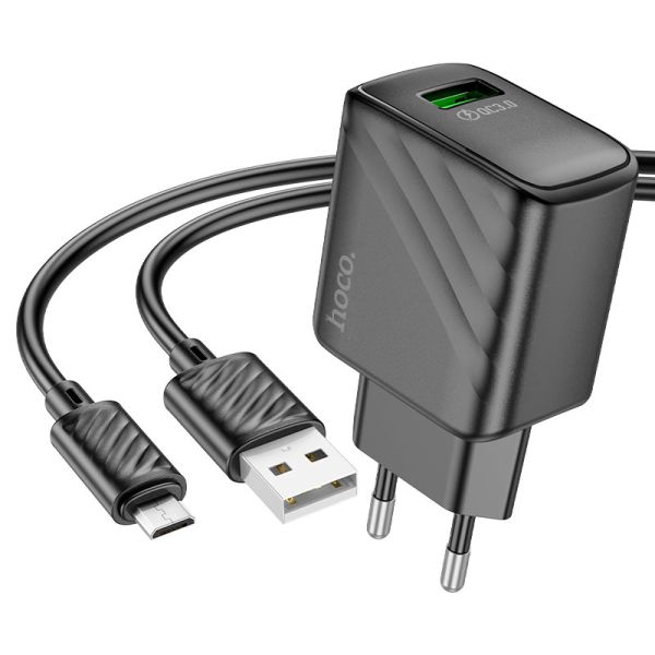 Мережевий зарядний пристрій з кабелем HOCO CS21A Rich single port QC3.0 charger set(Micro)(EU) Black (6942007609890)