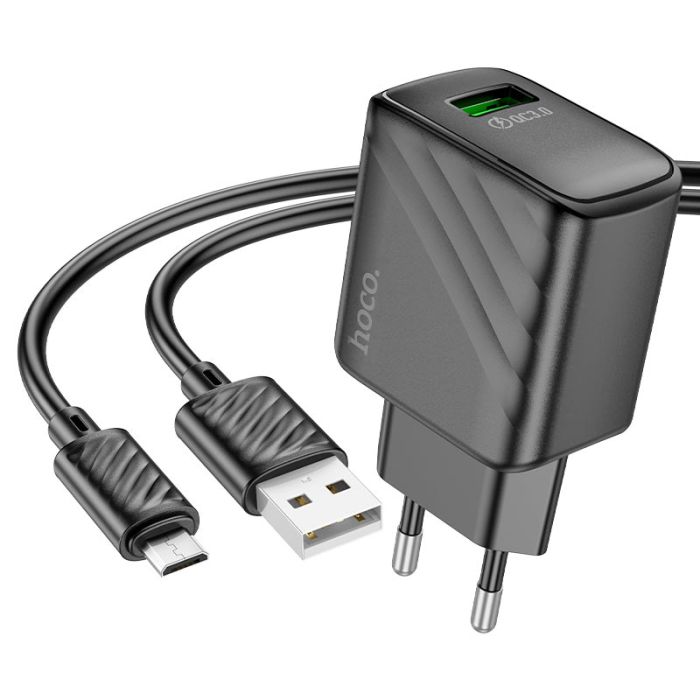 Мережевий зарядний пристрій з кабелем HOCO CS21A Rich single port QC3.0 charger set(Micro)(EU) Black (6942007609890)