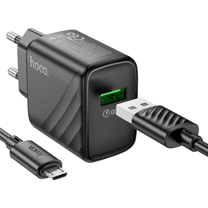 Мережевий зарядний пристрій з кабелем HOCO CS21A Rich single port QC3.0 charger set(Micro)(EU) Black (6942007609890)