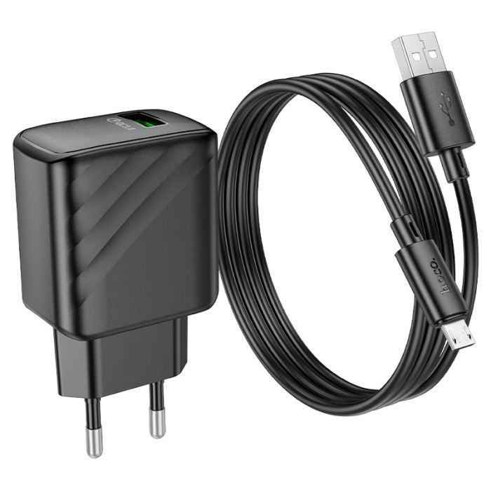 Мережевий зарядний пристрій з кабелем HOCO CS21A Rich single port QC3.0 charger set(Micro)(EU) Black (6942007609890)